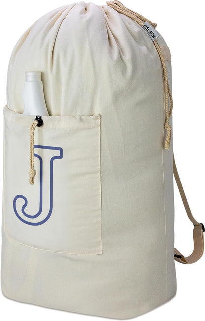 Laundry Bag Backpack, Canvas Laundry Bag with Straps & Drawstring Closure Washable Dirty Cloth Hamper Bag with Large Front Pocket for College, Travel, Laundromat, Camping (Beige)