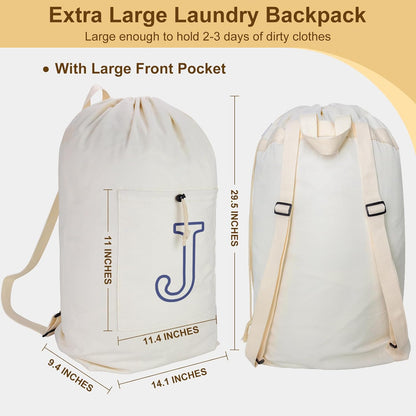 Laundry Bag Backpack, Canvas Laundry Bag with Straps & Drawstring Closure Washable Dirty Cloth Hamper Bag with Large Front Pocket for College, Travel, Laundromat, Camping (Beige)