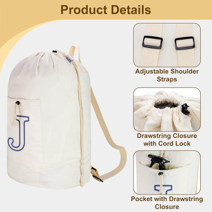 Laundry Bag Backpack, Canvas Laundry Bag with Straps & Drawstring Closure Washable Dirty Cloth Hamper Bag with Large Front Pocket for College, Travel, Laundromat, Camping (Beige)