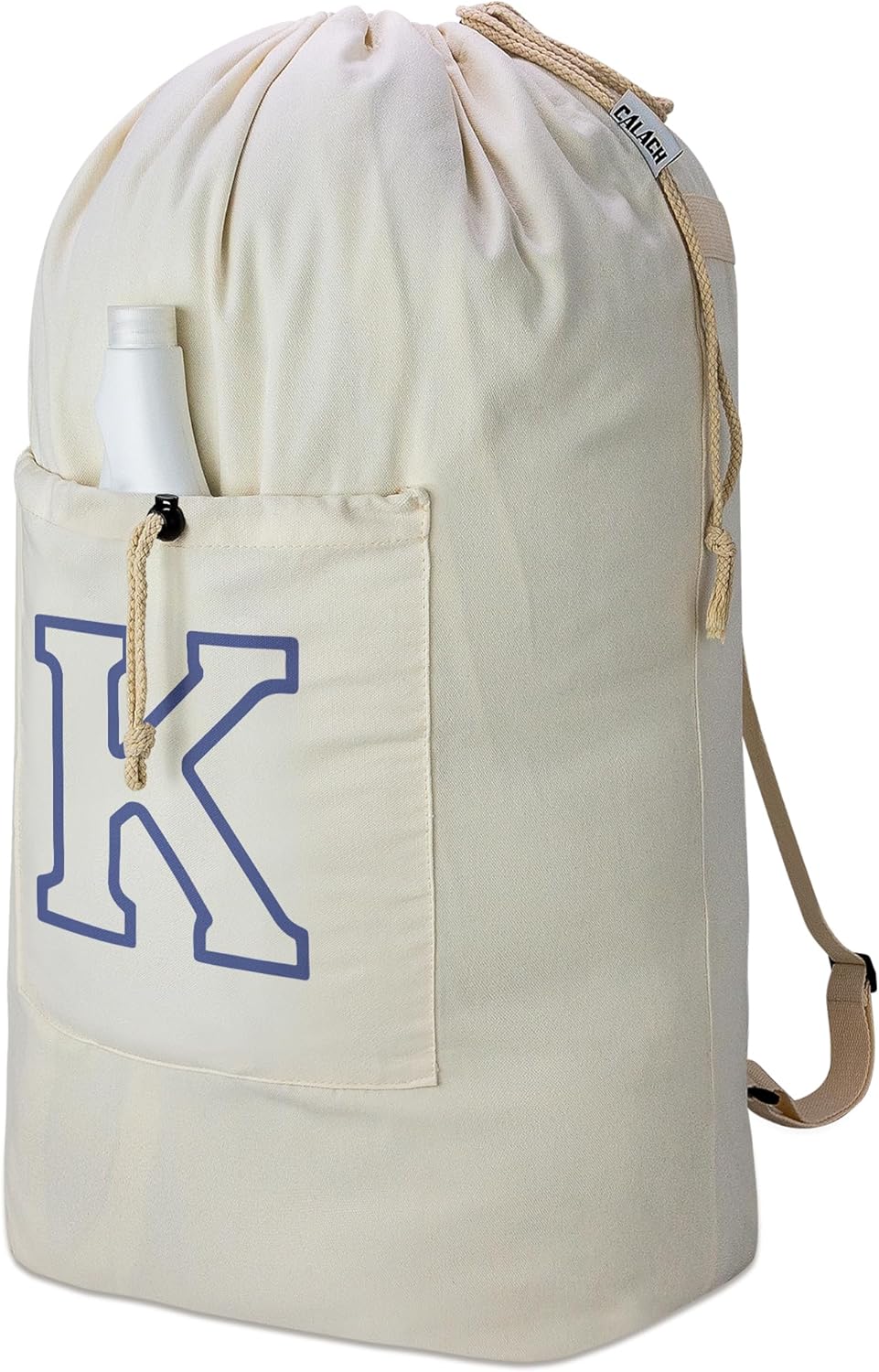 Laundry Bag Backpack, Canvas Laundry Bag with Straps & Drawstring Closure Washable Dirty Cloth Hamper Bag with Large Front Pocket for College, Travel, Laundromat, Camping (Beige)