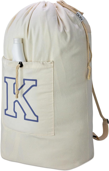 Laundry Bag Backpack, Canvas Laundry Bag with Straps & Drawstring Closure Washable Dirty Cloth Hamper Bag with Large Front Pocket for College, Travel, Laundromat, Camping (Beige)