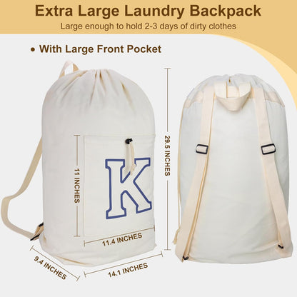 Laundry Bag Backpack, Canvas Laundry Bag with Straps & Drawstring Closure Washable Dirty Cloth Hamper Bag with Large Front Pocket for College, Travel, Laundromat, Camping (Beige)