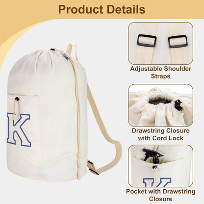 Laundry Bag Backpack, Canvas Laundry Bag with Straps & Drawstring Closure Washable Dirty Cloth Hamper Bag with Large Front Pocket for College, Travel, Laundromat, Camping (Beige)