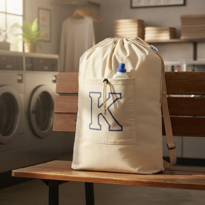 Laundry Bag Backpack, Canvas Laundry Bag with Straps & Drawstring Closure Washable Dirty Cloth Hamper Bag with Large Front Pocket for College, Travel, Laundromat, Camping (Beige)