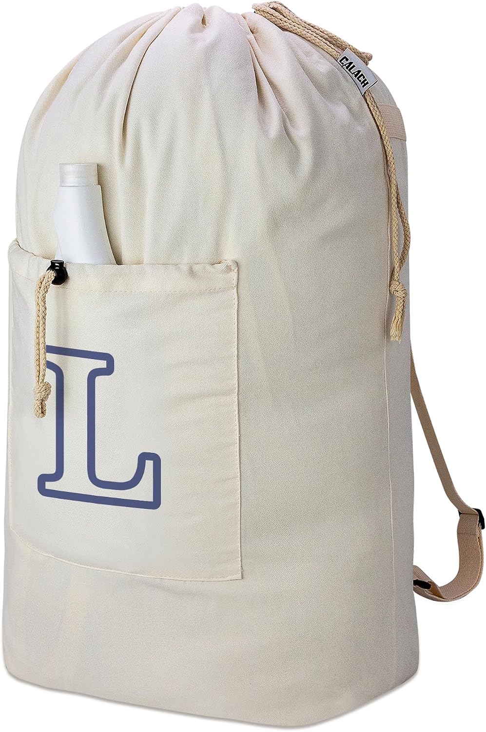 Laundry Bag Backpack, Canvas Laundry Bag with Straps & Drawstring Closure Washable Dirty Cloth Hamper Bag with Large Front Pocket for College, Travel, Laundromat, Camping (Beige)