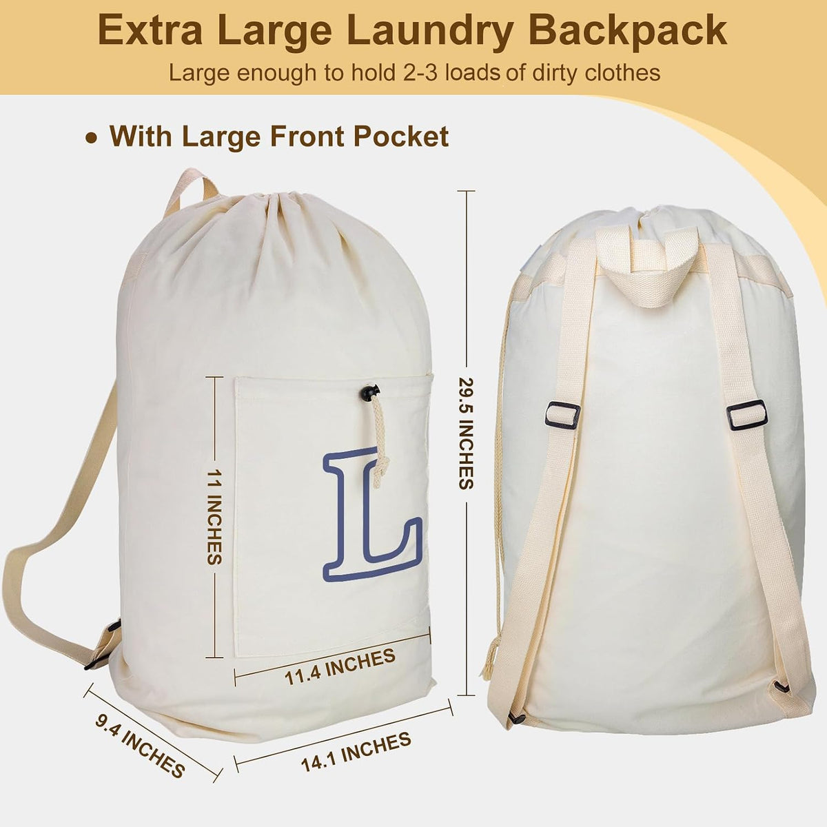 Laundry Bag Backpack, Canvas Laundry Bag with Straps & Drawstring Closure Washable Dirty Cloth Hamper Bag with Large Front Pocket for College, Travel, Laundromat, Camping (Beige)