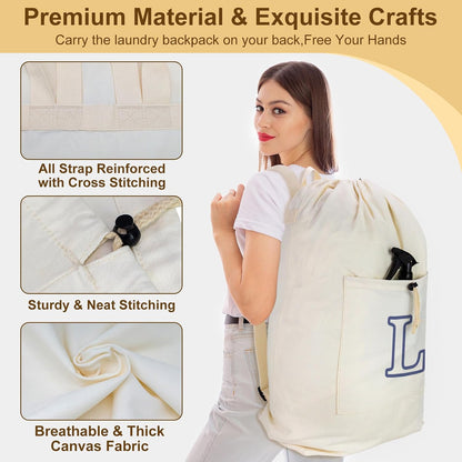 Laundry Bag Backpack, Canvas Laundry Bag with Straps & Drawstring Closure Washable Dirty Cloth Hamper Bag with Large Front Pocket for College, Travel, Laundromat, Camping (Beige)