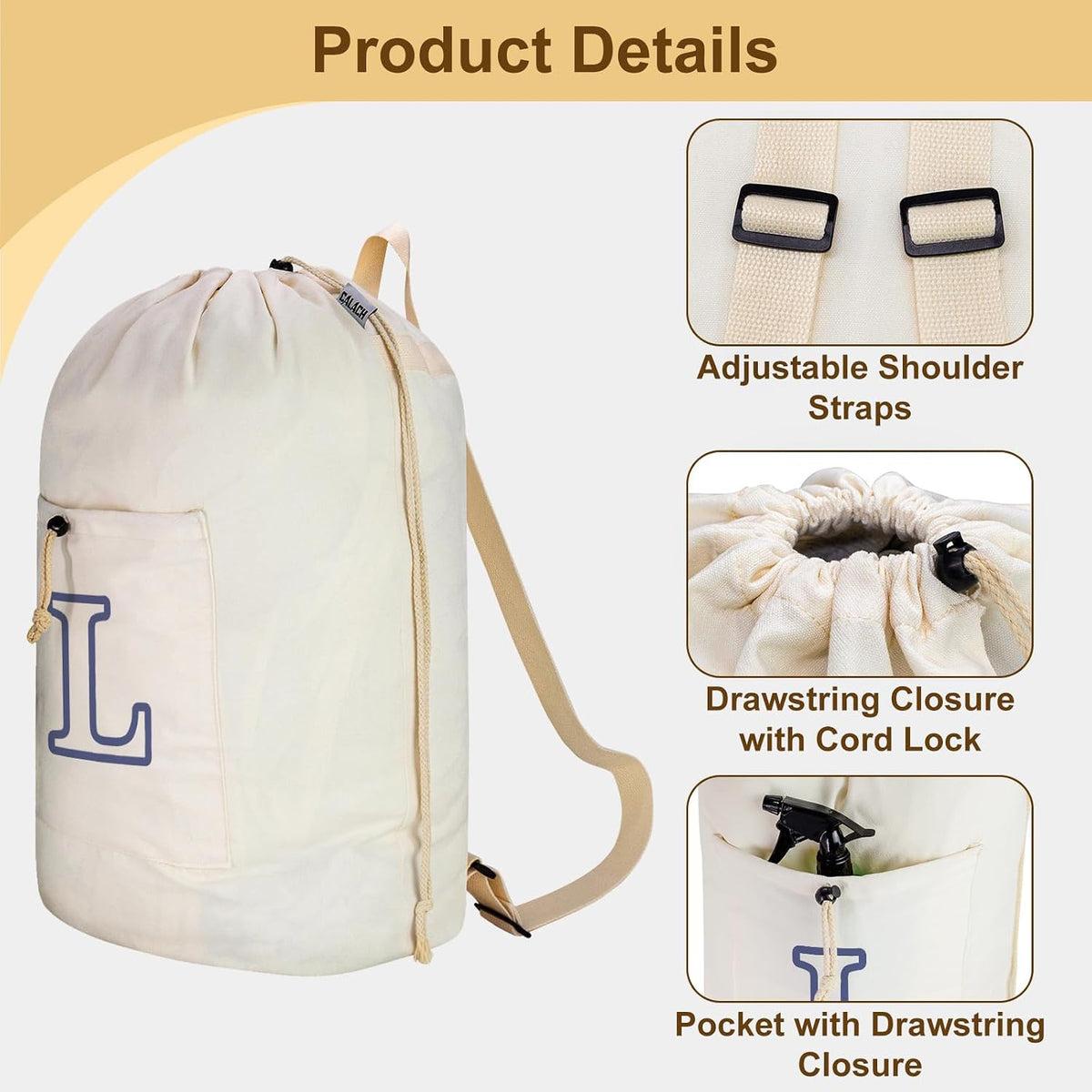 Laundry Bag Backpack, Canvas Laundry Bag with Straps & Drawstring Closure Washable Dirty Cloth Hamper Bag with Large Front Pocket for College, Travel, Laundromat, Camping (Beige)
