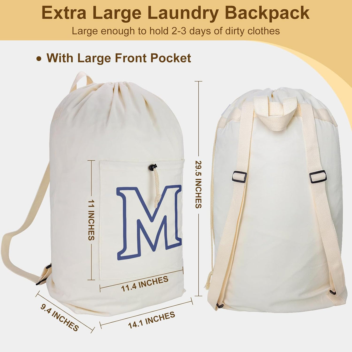 Laundry Bag Backpack, Canvas Laundry Bag with Straps & Drawstring Closure Washable Dirty Cloth Hamper Bag with Large Front Pocket for College, Travel, Laundromat, Camping (Beige)