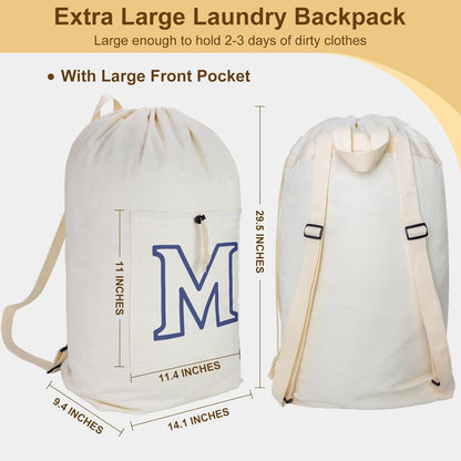 Laundry Bag Backpack, Canvas Laundry Bag with Straps & Drawstring Closure Washable Dirty Cloth Hamper Bag with Large Front Pocket for College, Travel, Laundromat, Camping (Beige)