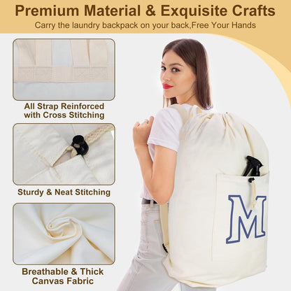Laundry Bag Backpack, Canvas Laundry Bag with Straps & Drawstring Closure Washable Dirty Cloth Hamper Bag with Large Front Pocket for College, Travel, Laundromat, Camping (Beige)