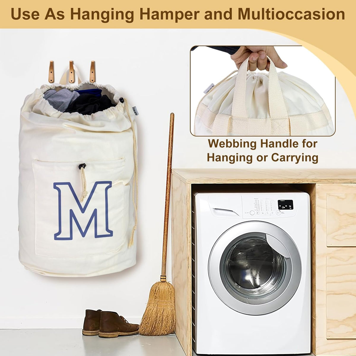 Laundry Bag Backpack, Canvas Laundry Bag with Straps & Drawstring Closure Washable Dirty Cloth Hamper Bag with Large Front Pocket for College, Travel, Laundromat, Camping (Beige)