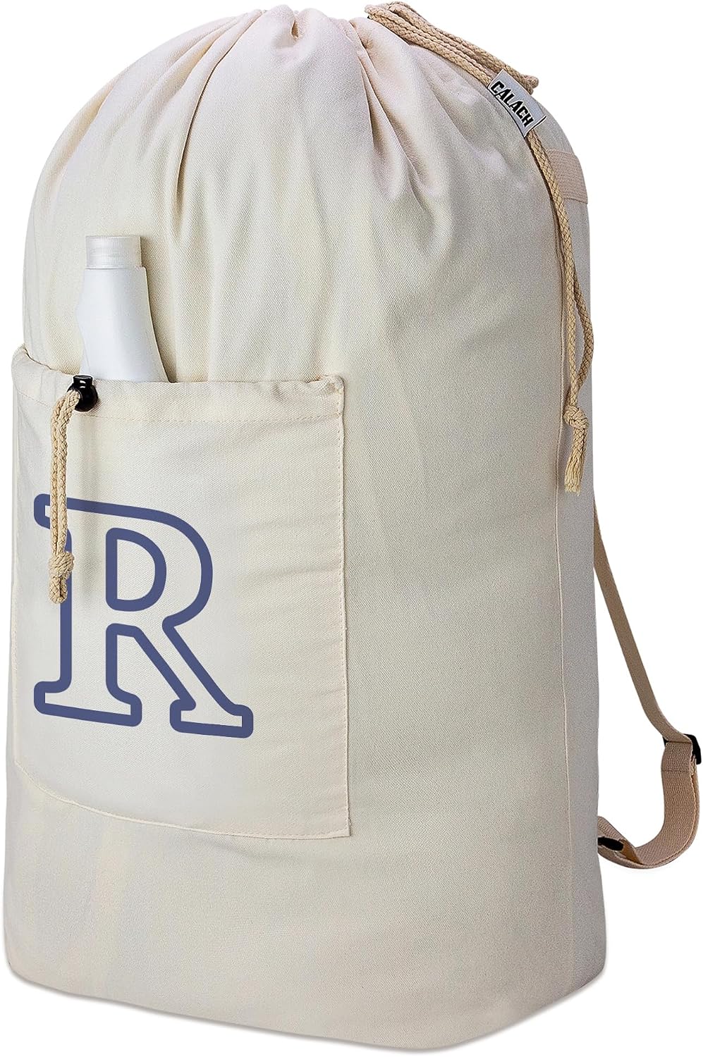 Laundry Bag Backpack, Canvas Laundry Bag with Straps & Drawstring Closure Washable Dirty Cloth Hamper Bag with Large Front Pocket for College, Travel, Laundromat, Camping (Beige)