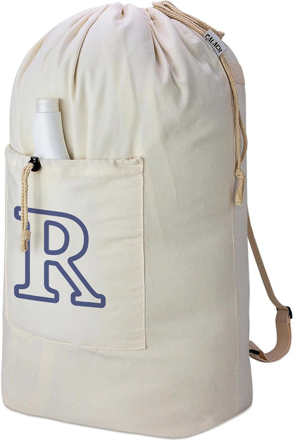 Laundry Bag Backpack, Canvas Laundry Bag with Straps & Drawstring Closure Washable Dirty Cloth Hamper Bag with Large Front Pocket for College, Travel, Laundromat, Camping (Beige)