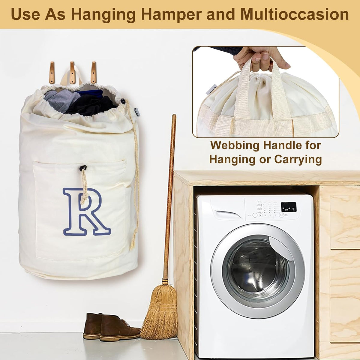 Laundry Bag Backpack, Canvas Laundry Bag with Straps & Drawstring Closure Washable Dirty Cloth Hamper Bag with Large Front Pocket for College, Travel, Laundromat, Camping (Beige)