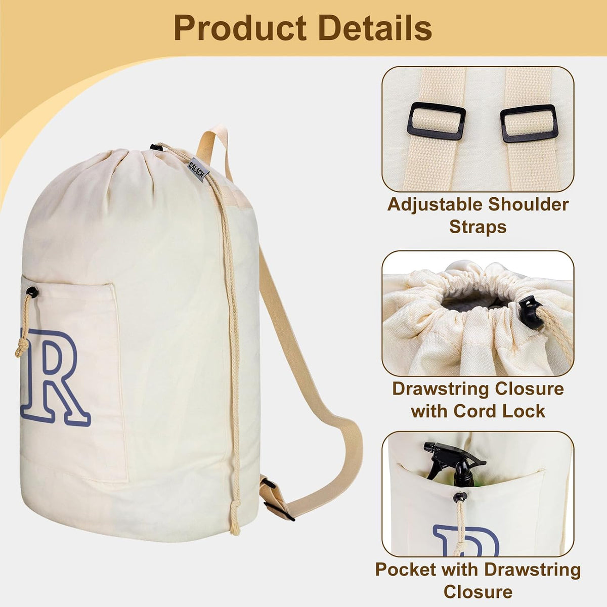 Laundry Bag Backpack, Canvas Laundry Bag with Straps & Drawstring Closure Washable Dirty Cloth Hamper Bag with Large Front Pocket for College, Travel, Laundromat, Camping (Beige)