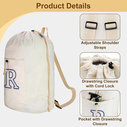 Laundry Bag Backpack, Canvas Laundry Bag with Straps & Drawstring Closure Washable Dirty Cloth Hamper Bag with Large Front Pocket for College, Travel, Laundromat, Camping (Beige)