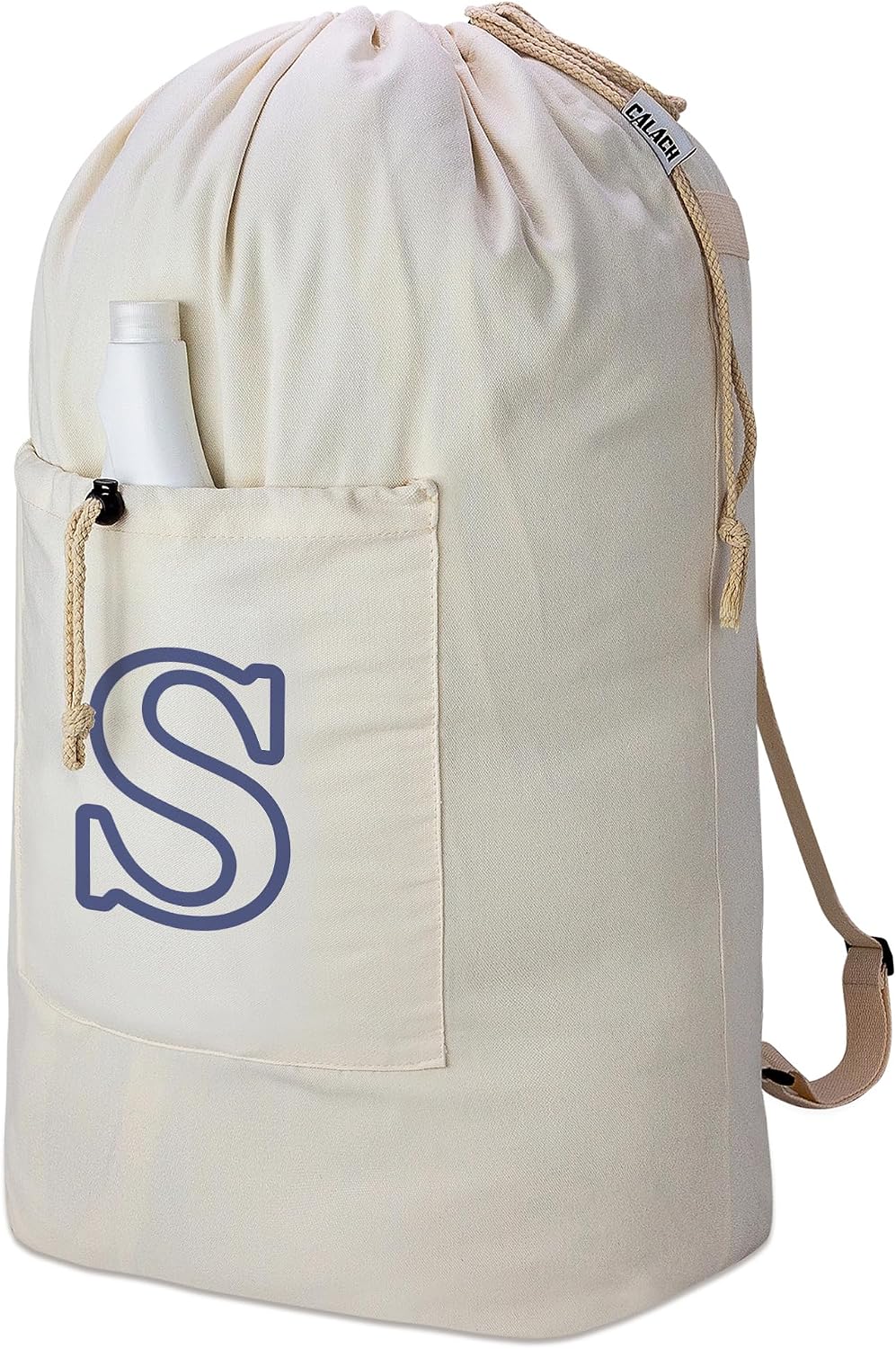 Laundry Bag Backpack, Canvas Laundry Bag with Straps & Drawstring Closure Washable Dirty Cloth Hamper Bag with Large Front Pocket for College, Travel, Laundromat, Camping (Beige)