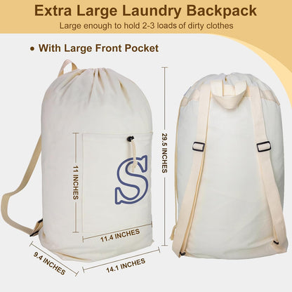 Laundry Bag Backpack, Canvas Laundry Bag with Straps & Drawstring Closure Washable Dirty Cloth Hamper Bag with Large Front Pocket for College, Travel, Laundromat, Camping (Beige)
