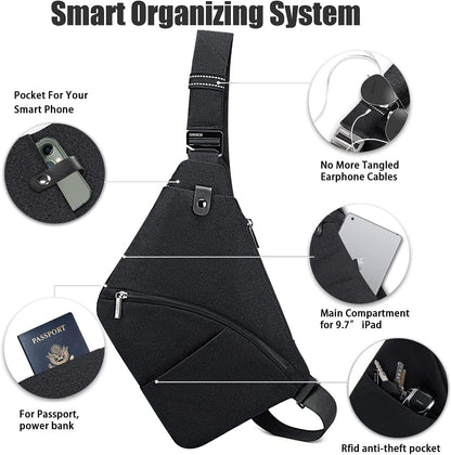 Lightweight Sling Bag, Anti Theft Crossbody Bags for Women Men Casual Shoulder Crossbody Sport Travel Hiking Bag,Black,Large | 4 Pocket, Adjustable Shoulder Strap, Reflective Safety Strips, Lightweight, Suitable for Travel Hiking Commuting Outdoor