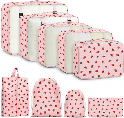 9 Set Packing Cubes for Travel Essentials - Lightweight Carry-On Luggage Organizer Bags with Shoe, Clothes & Laundry Bags for Airplane, Family & Business Travel, Pink strawberry
