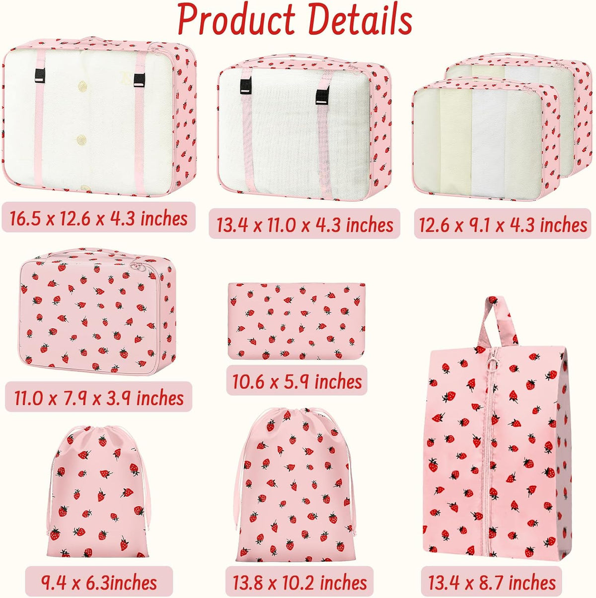 9 Set Packing Cubes for Travel Essentials - Lightweight Carry-On Luggage Organizer Bags with Shoe, Clothes & Laundry Bags for Airplane, Family & Business Travel, Pink strawberry