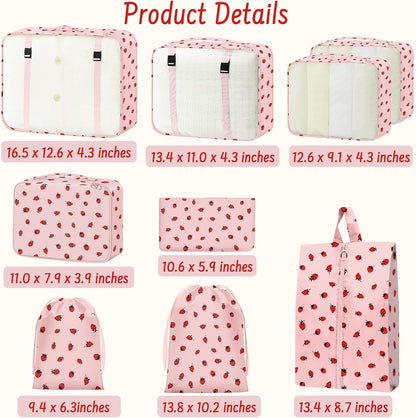 9 Set Packing Cubes for Travel Essentials - Lightweight Carry-On Luggage Organizer Bags with Shoe, Clothes & Laundry Bags for Airplane, Family & Business Travel, Pink strawberry