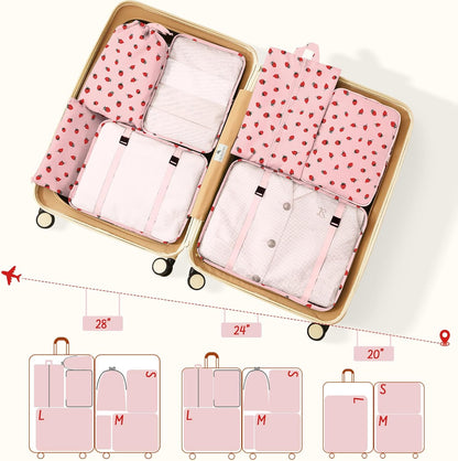 9 Set Packing Cubes for Travel Essentials - Lightweight Carry-On Luggage Organizer Bags with Shoe, Clothes & Laundry Bags for Airplane, Family & Business Travel, Pink strawberry