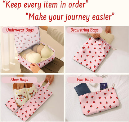 9 Set Packing Cubes for Travel Essentials - Lightweight Carry-On Luggage Organizer Bags with Shoe, Clothes & Laundry Bags for Airplane, Family & Business Travel, Pink strawberry