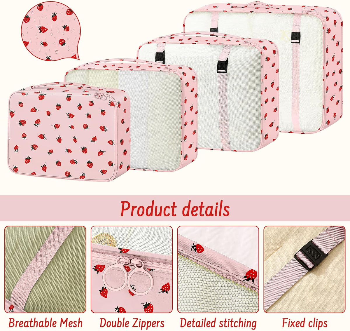 9 Set Packing Cubes for Travel Essentials - Lightweight Carry-On Luggage Organizer Bags with Shoe, Clothes & Laundry Bags for Airplane, Family & Business Travel, Pink strawberry