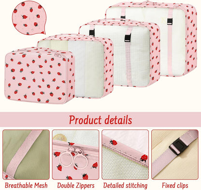 9 Set Packing Cubes for Travel Essentials - Lightweight Carry-On Luggage Organizer Bags with Shoe, Clothes & Laundry Bags for Airplane, Family & Business Travel, Pink strawberry