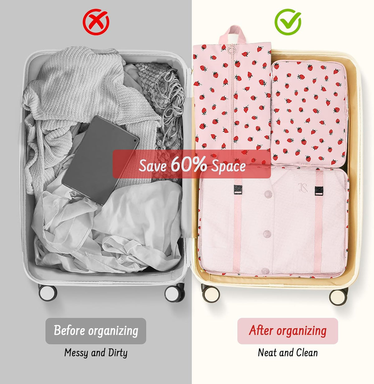 9 Set Packing Cubes for Travel Essentials - Lightweight Carry-On Luggage Organizer Bags with Shoe, Clothes & Laundry Bags for Airplane, Family & Business Travel, Pink strawberry