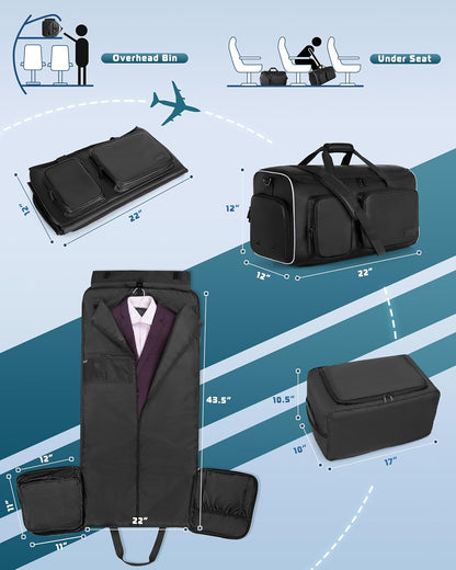 50L Convertible Garment Duffle Bag Backpack with Inner Removable Bag and Shoe Compartment, Travel Suit Bag for Business or Wedding Trips, Black