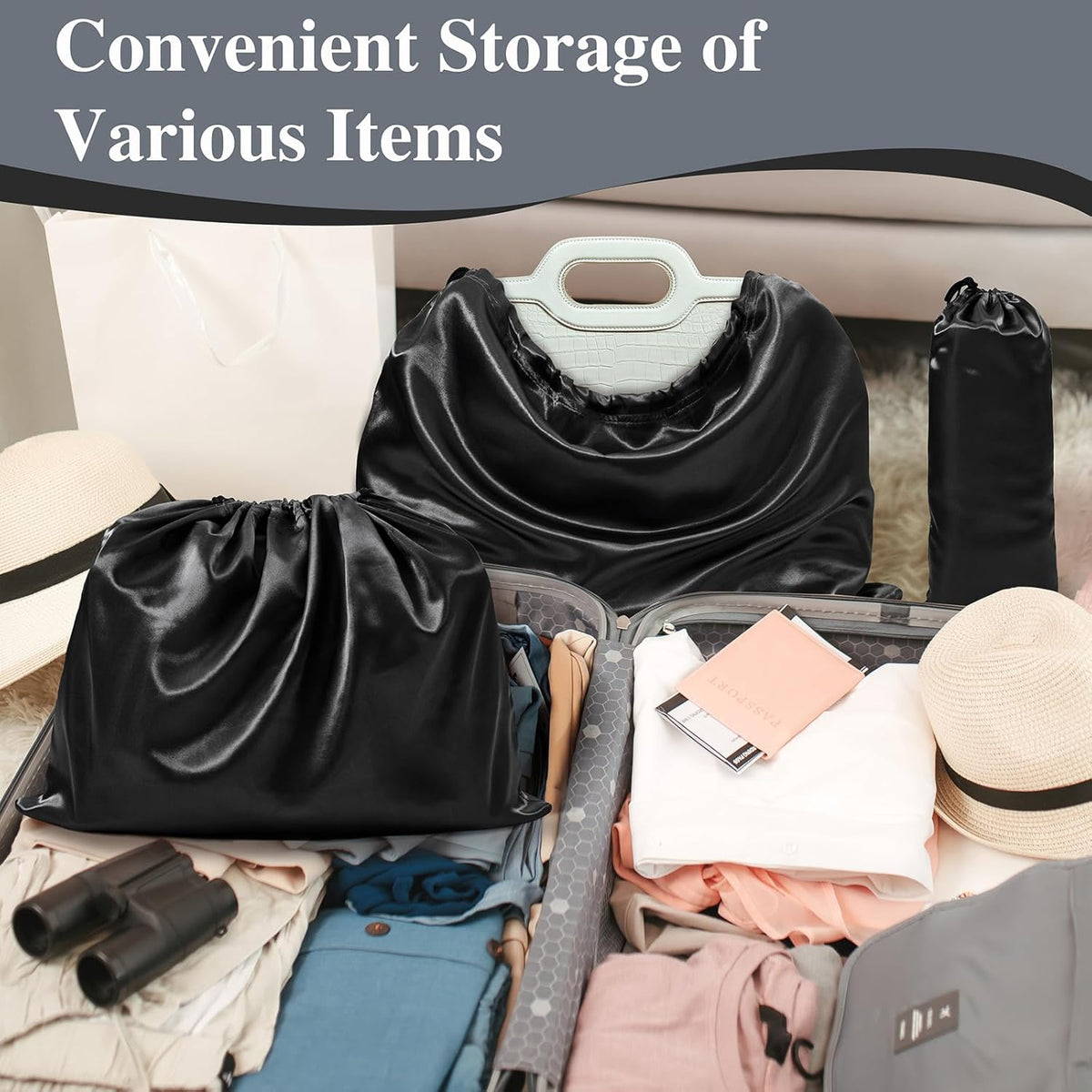 6 Pack Shoe Bags for Travel - Satin Shoe Bag with Drawstring - Black Shoe Storage Bags for Protecting Storage Shoes - 17.7 x 7.9 In