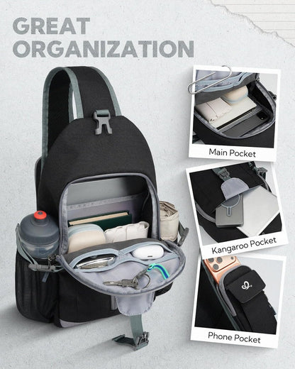Small Crossbody Sling Bag: 8L Lightweight RFID Anti-Theft Travel | Water-Resistant,Multi-Pockets,Hidden Back Pocket,Adjustable Strap,Breathable Mesh Panel,Hiking, Commute,Theme Parks,Men Women