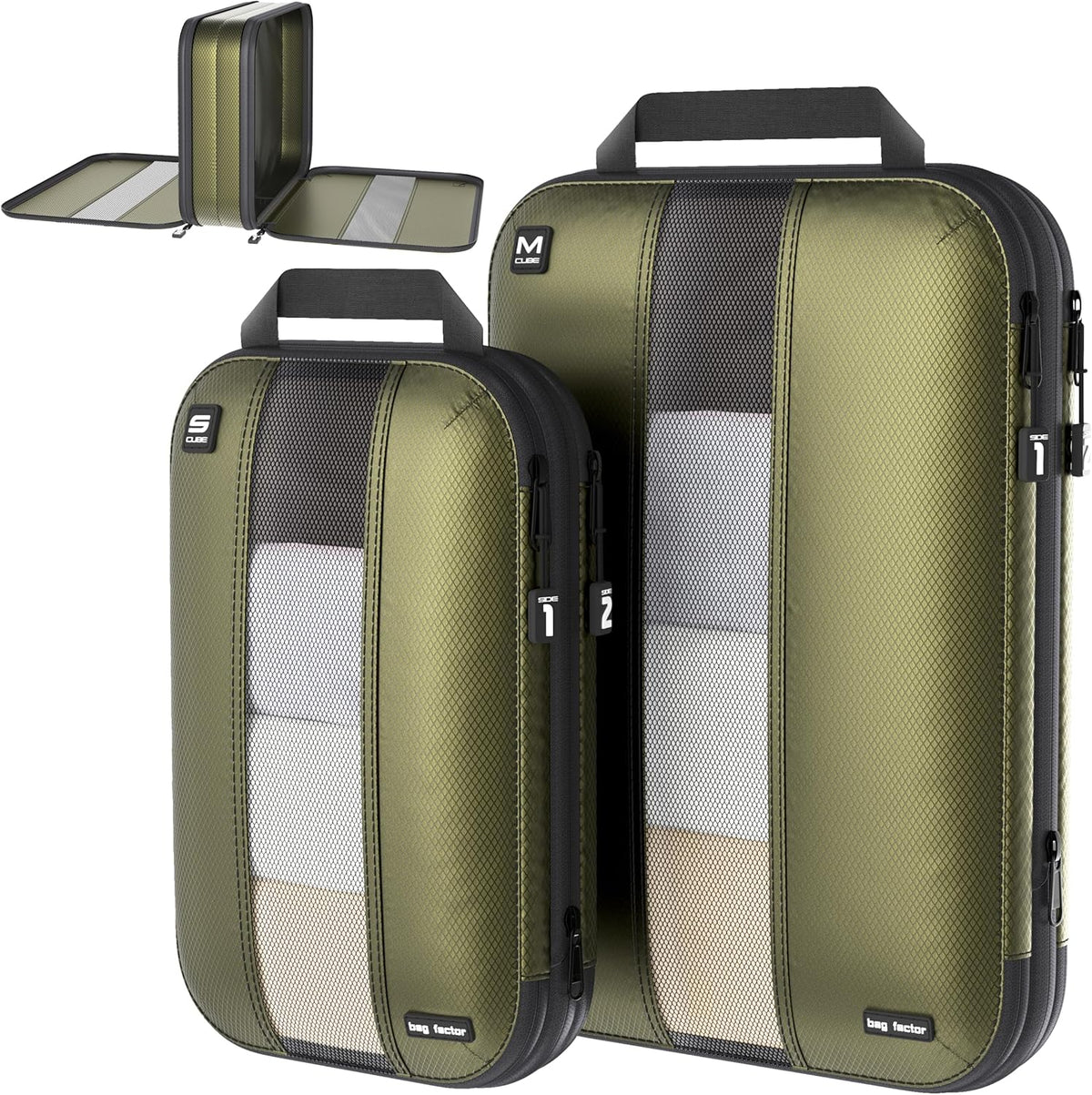 Premium Ultralight Compression Packing Cubes for Travel - Luggage Organizer Set (Double Sided Clean Dirty - Olive Green)