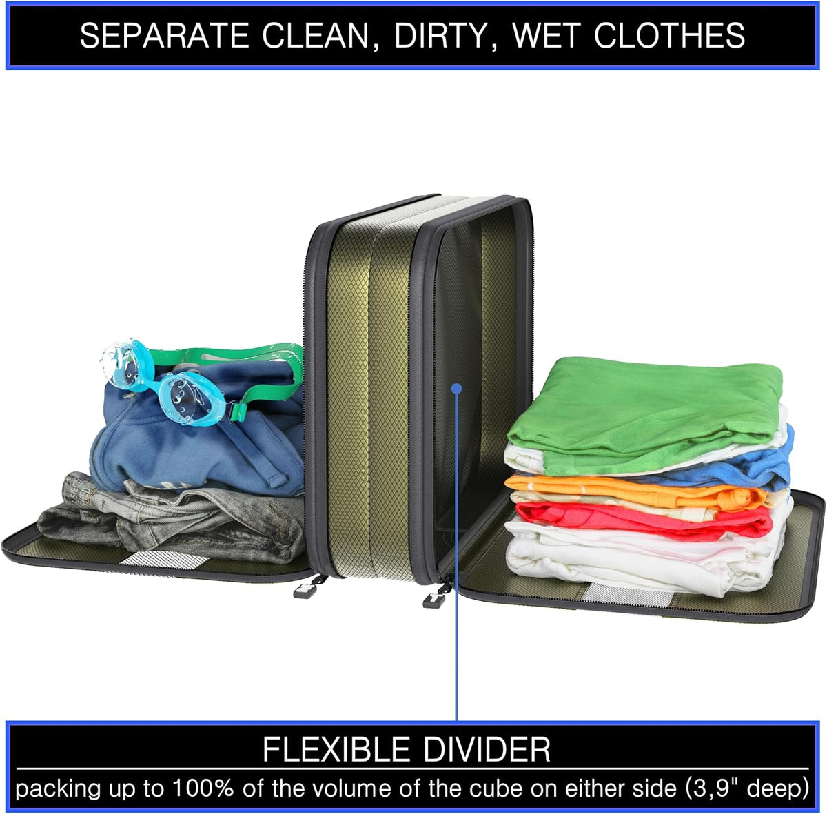 Premium Ultralight Compression Packing Cubes for Travel - Luggage Organizer Set (Double Sided Clean Dirty - Olive Green)