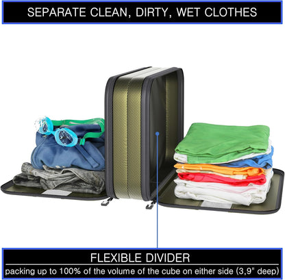 Premium Ultralight Compression Packing Cubes for Travel - Luggage Organizer Set (Double Sided Clean Dirty - Olive Green)