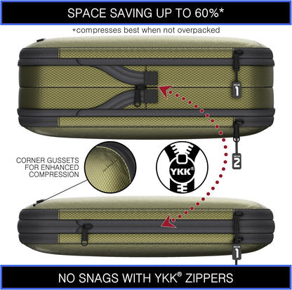 Premium Ultralight Compression Packing Cubes for Travel - Luggage Organizer Set (Double Sided Clean Dirty - Olive Green)