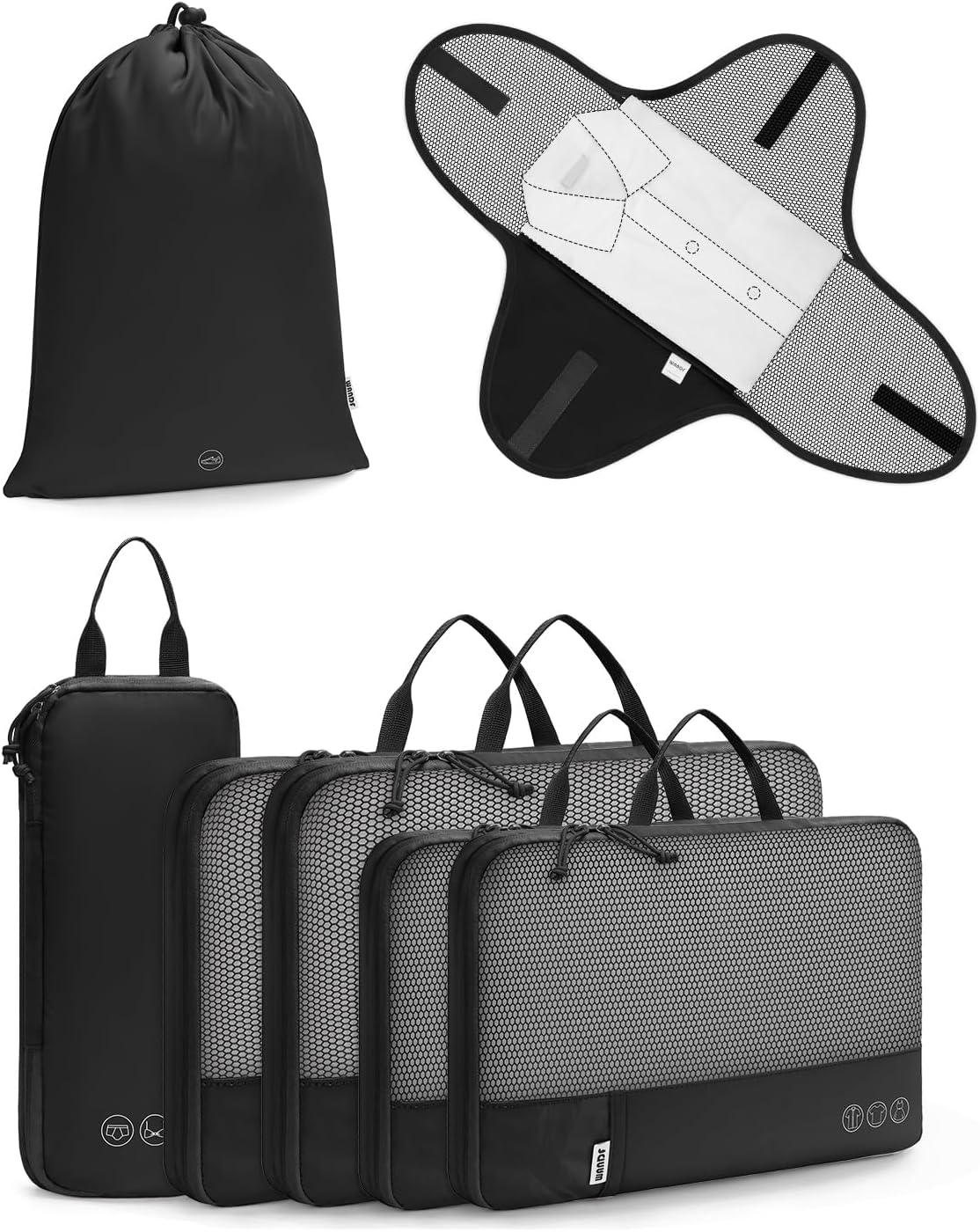 7 Set Compression Packing Cubes for Travel, Shirt Folder for Wrinkle-Free, Suitcase Organizer Bags Set for Carry-On Checked Luggage Duffle Bag Women Men(Black)