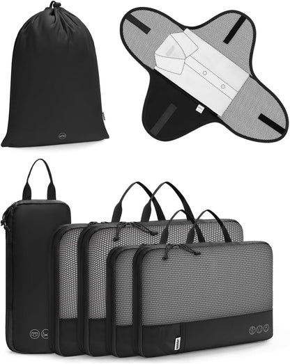 7 Set Compression Packing Cubes for Travel, Shirt Folder for Wrinkle-Free, Suitcase Organizer Bags Set for Carry-On Checked Luggage Duffle Bag Women Men(Black)