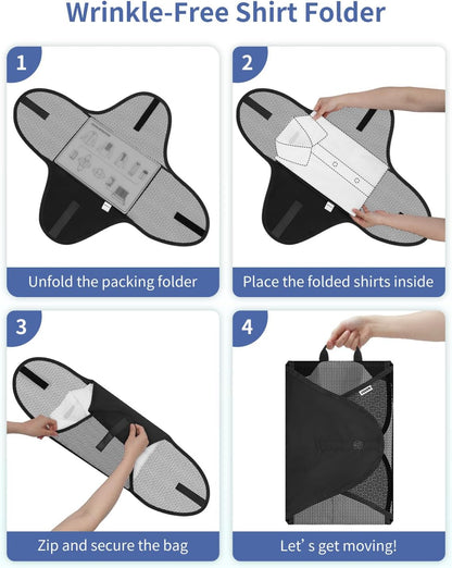 7 Set Compression Packing Cubes for Travel, Shirt Folder for Wrinkle-Free, Suitcase Organizer Bags Set for Carry-On Checked Luggage Duffle Bag Women Men(Black)
