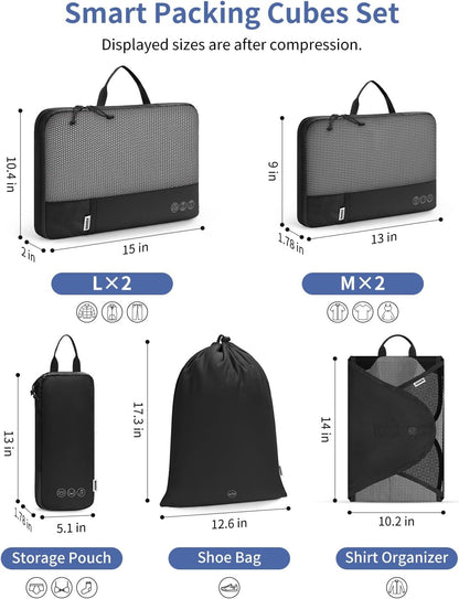 7 Set Compression Packing Cubes for Travel, Shirt Folder for Wrinkle-Free, Suitcase Organizer Bags Set for Carry-On Checked Luggage Duffle Bag Women Men(Black)