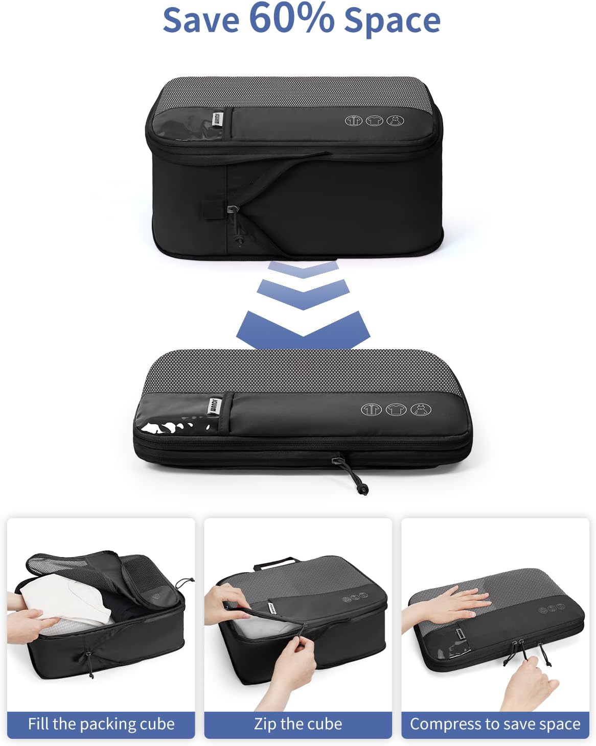 7 Set Compression Packing Cubes for Travel, Shirt Folder for Wrinkle-Free, Suitcase Organizer Bags Set for Carry-On Checked Luggage Duffle Bag Women Men(Black)