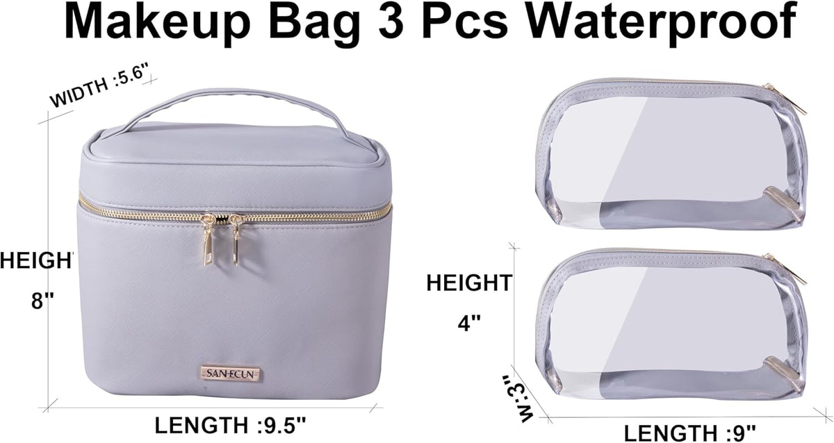 Travel Cosmetic Makeup Essentials Bag case Brush Case Wash Bag Cosmetic Pouch 3 Pcs Set Organization (3, Grey)