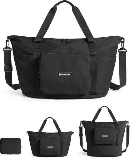 Foldable Travel Bag, 37L Expandable Personal Item Bag, Lightweight Weekender Bags for Women, Water Resistant Extra Carry on for Travel, Camel