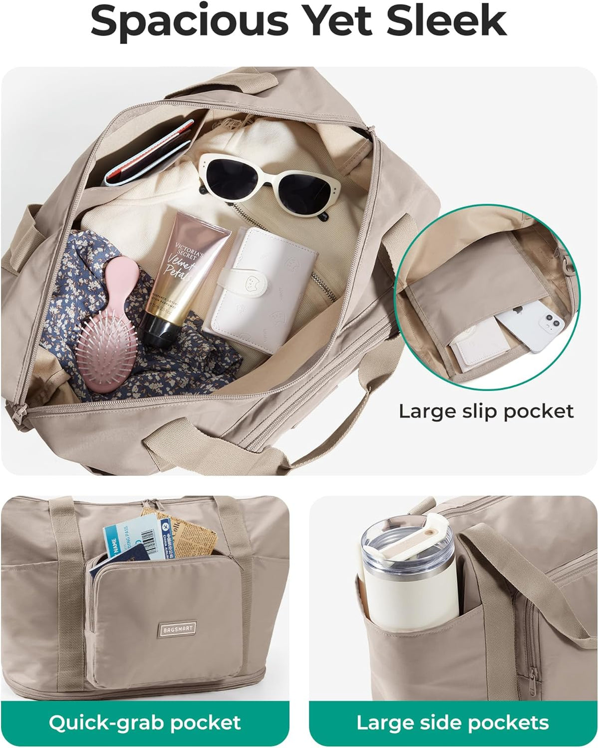 Foldable Travel Bag, 37L Expandable Personal Item Bag, Lightweight Weekender Bags for Women, Water Resistant Extra Carry on for Travel, Camel