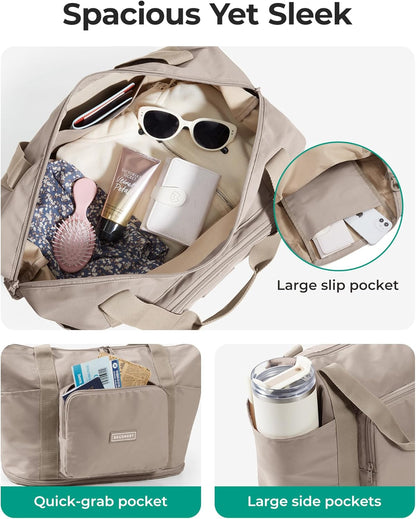Foldable Travel Bag, 37L Expandable Personal Item Bag, Lightweight Weekender Bags for Women, Water Resistant Extra Carry on for Travel, Camel
