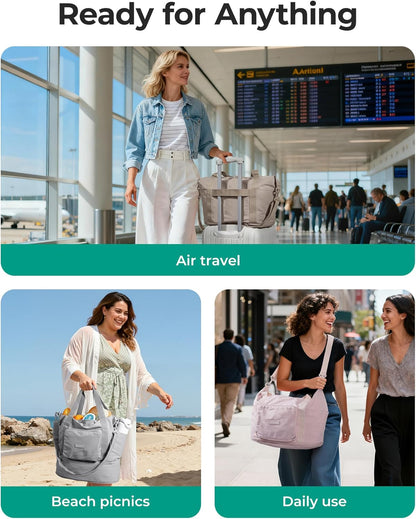 Foldable Travel Bag, 37L Expandable Personal Item Bag, Lightweight Weekender Bags for Women, Water Resistant Extra Carry on for Travel, Camel
