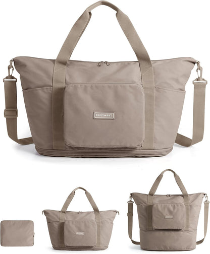 Foldable Travel Bag, 37L Expandable Personal Item Bag, Lightweight Weekender Bags for Women, Water Resistant Extra Carry on for Travel, Camel